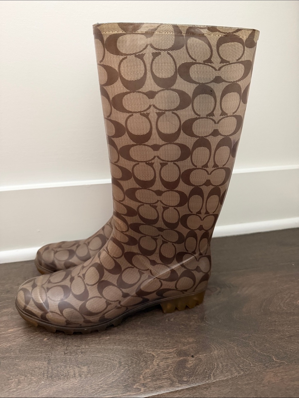 Coach Brown Signature Pattern Rain Boots - Women's Tall Waterproof - Picture 5 of 8